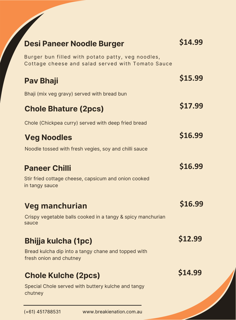 Menu, Breakie Nation