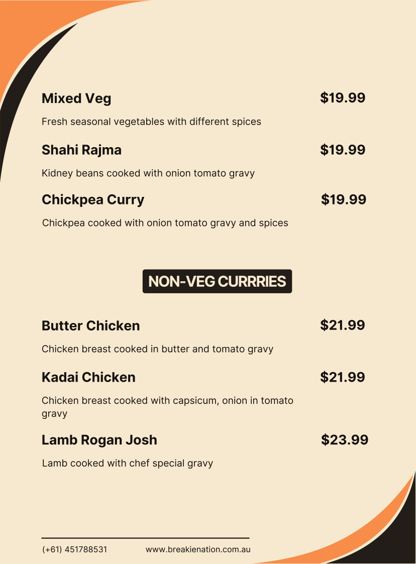 Menu, Breakie Nation