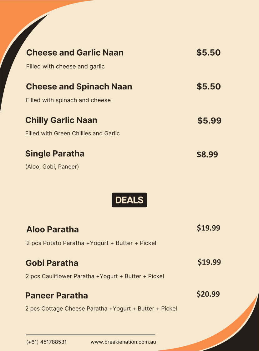 Menu, Breakie Nation
