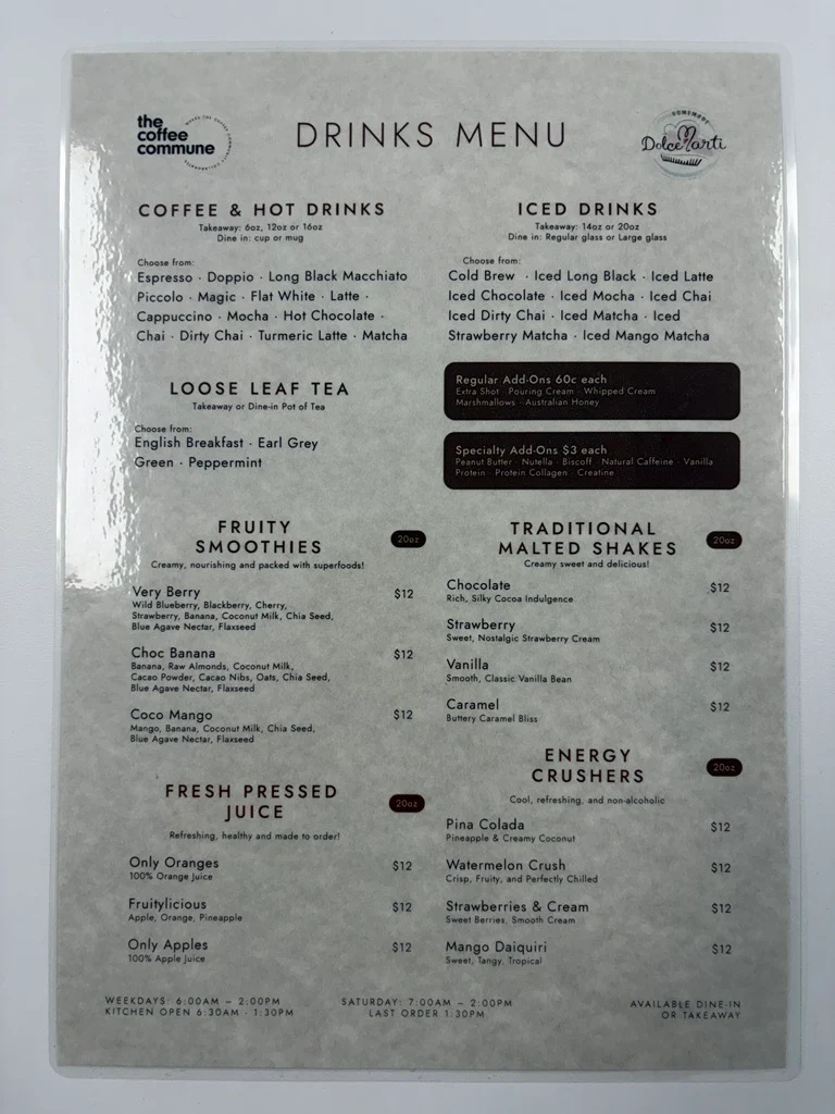 Menu, The Coffee Commune