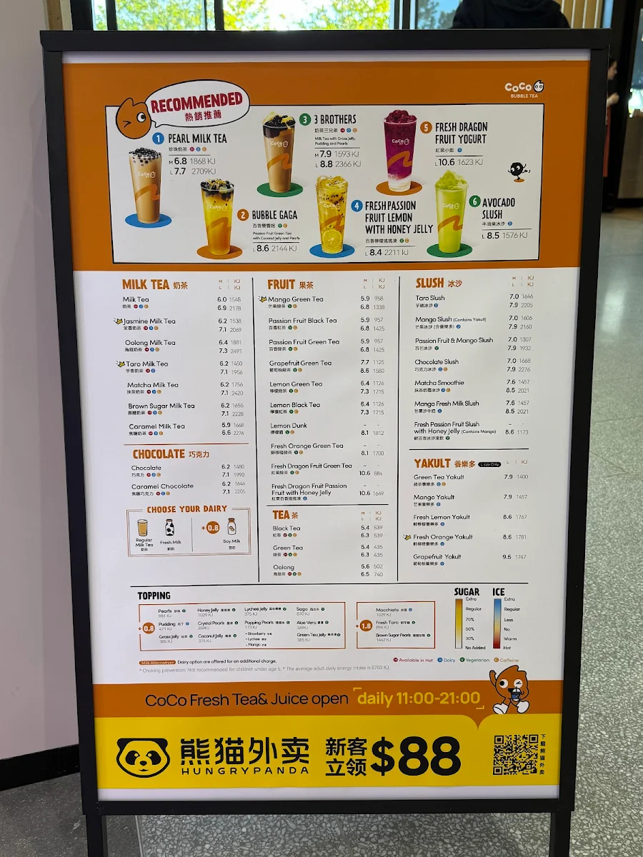 Menu, Coco Bubble Tea Brickworks