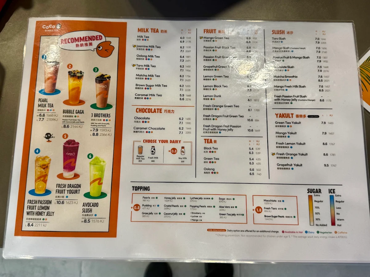 Menu, Coco Bubble Tea Brickworks
