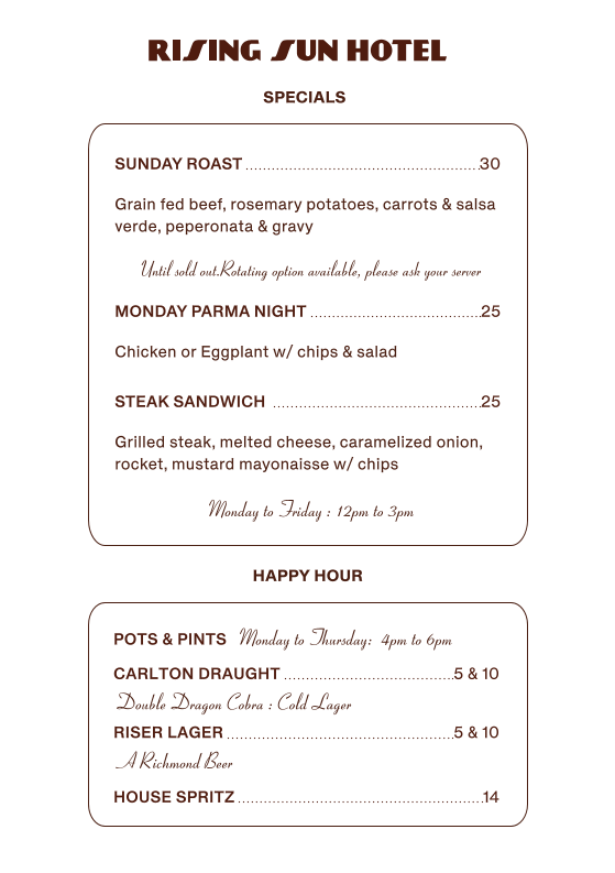 Menu, Rising Sun Hotel Richmond