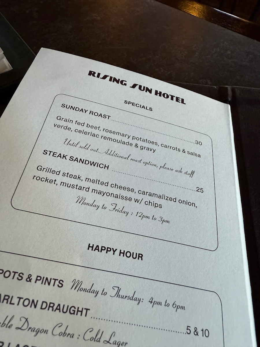 Menu, Rising Sun Hotel Richmond