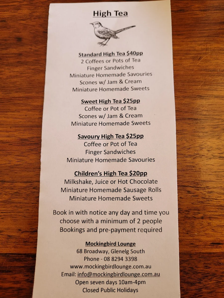 Menu, Mockingbird Lounge