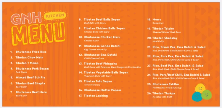 Menu, GNH Kitchen