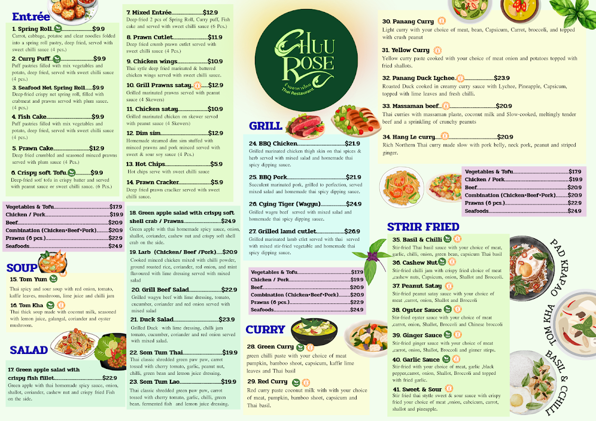 Menu, Chuu Rose Thai Restaurant