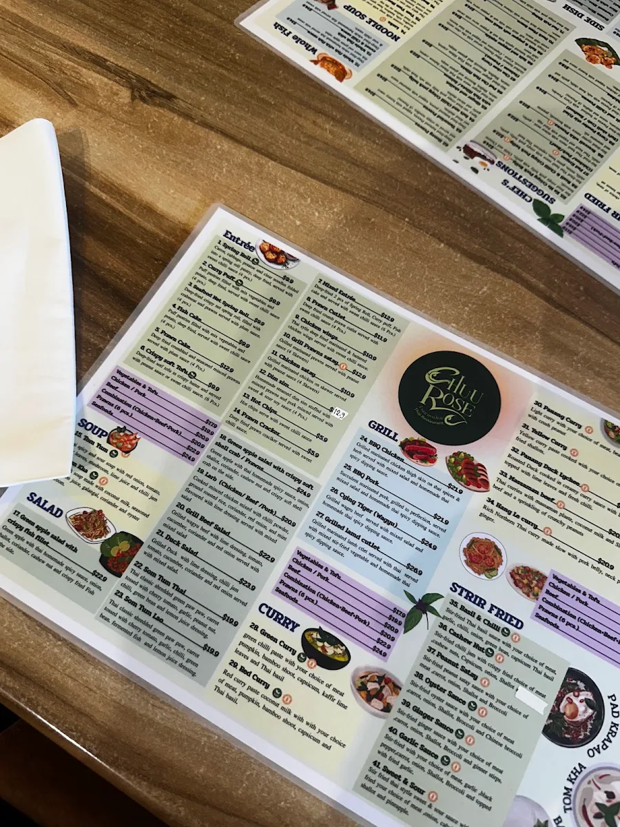Menu, Chuu Rose Thai Restaurant