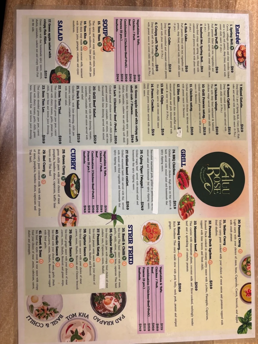 Menu, Chuu Rose Thai Restaurant