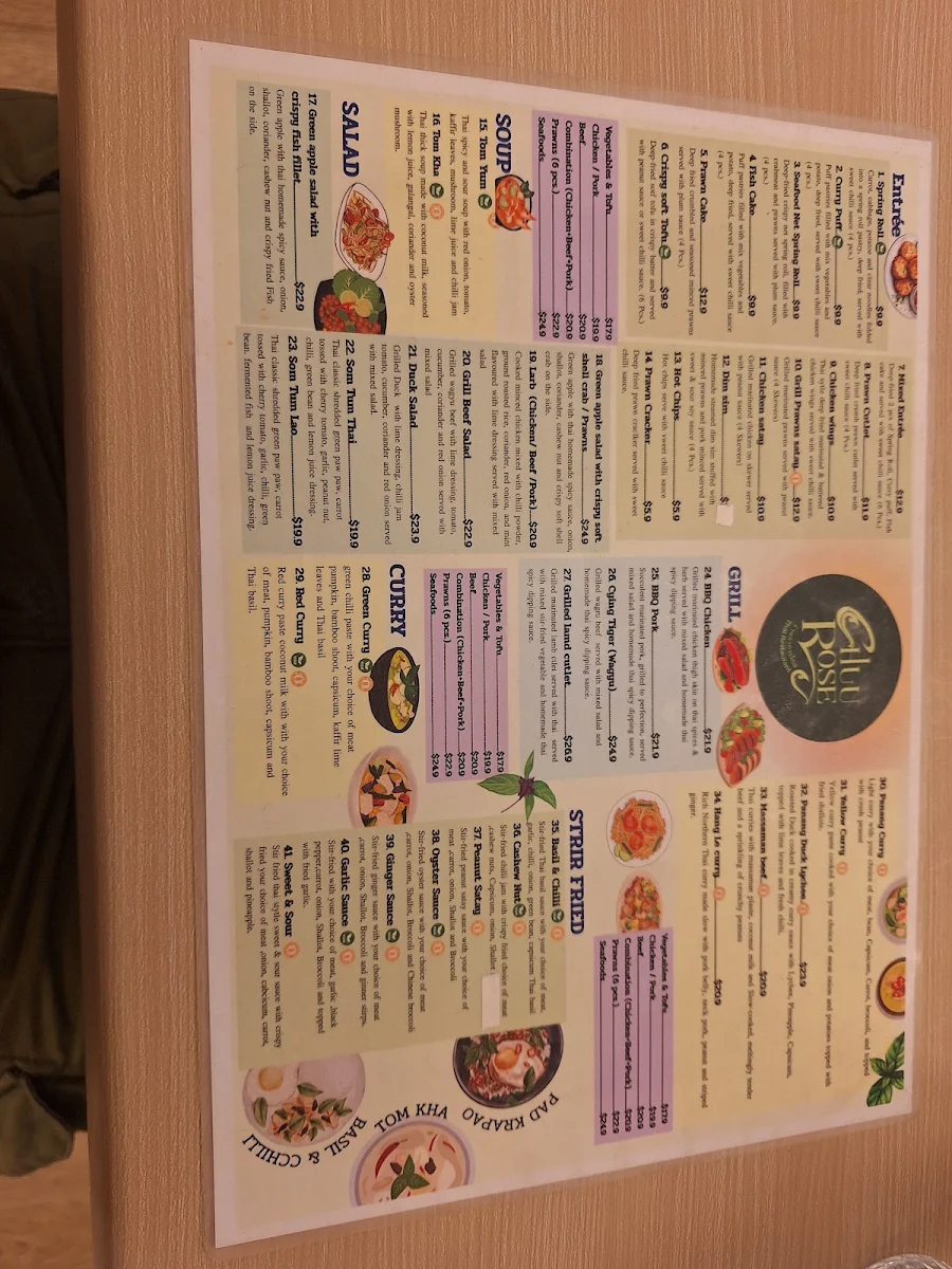 Menu, Chuu Rose Thai Restaurant