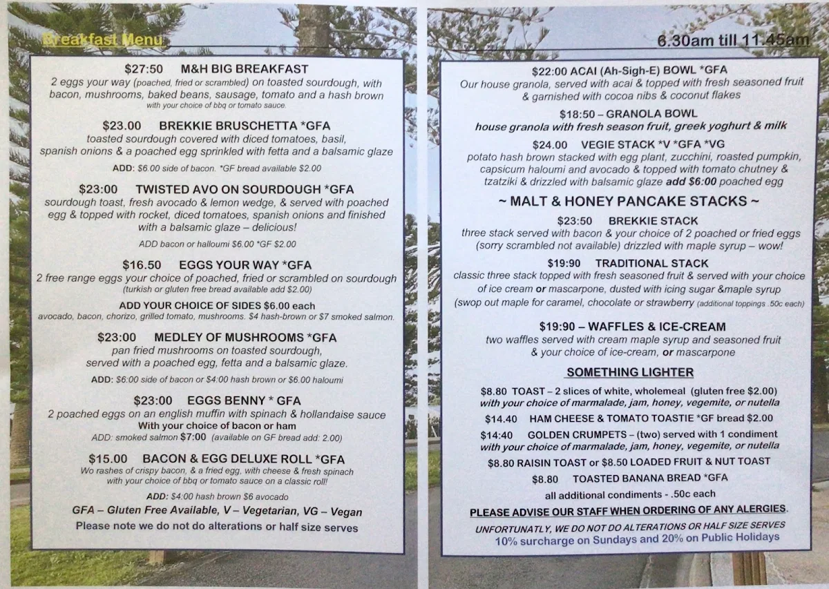 Menu, Malt & Honey Cafe