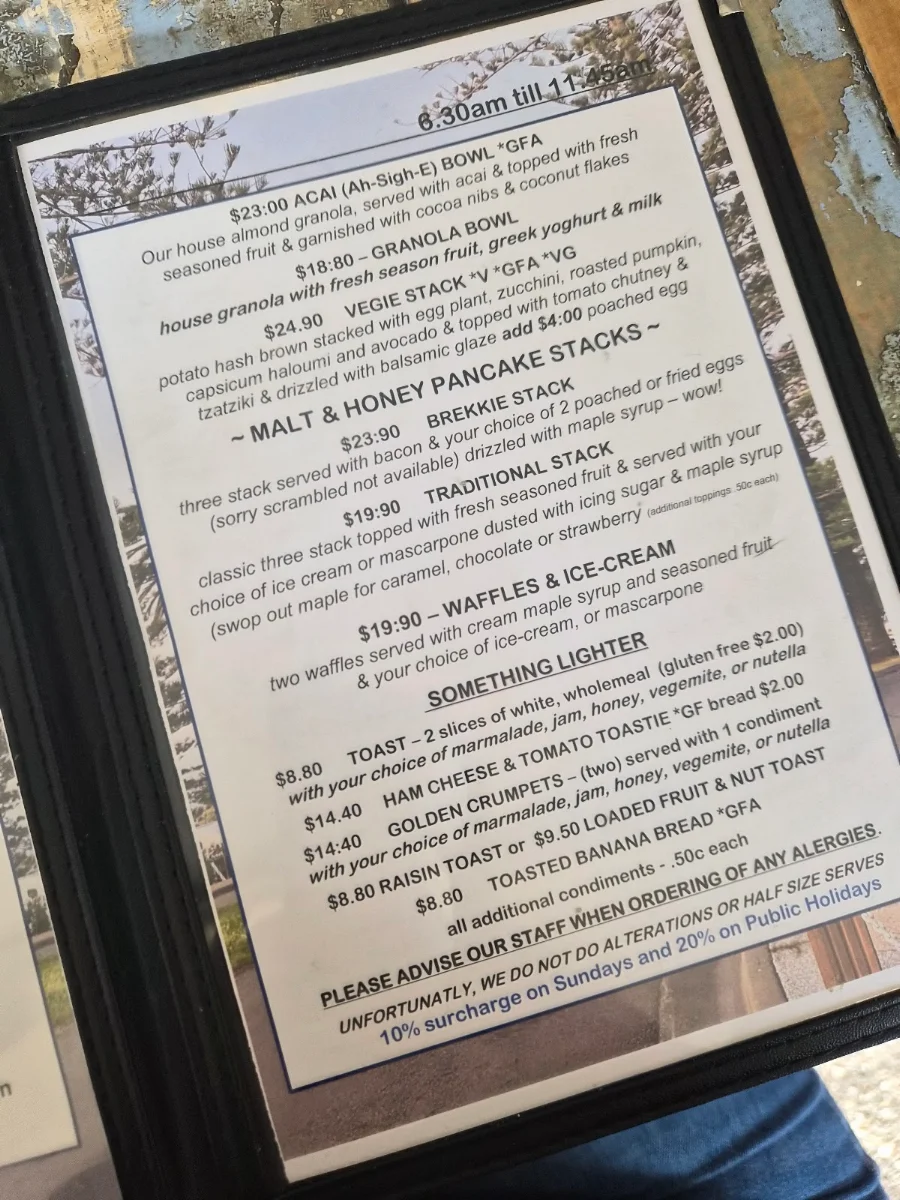 Menu, Malt & Honey Cafe