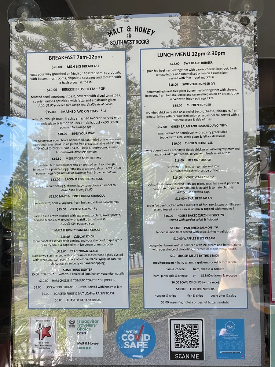 Menu, Malt & Honey Cafe