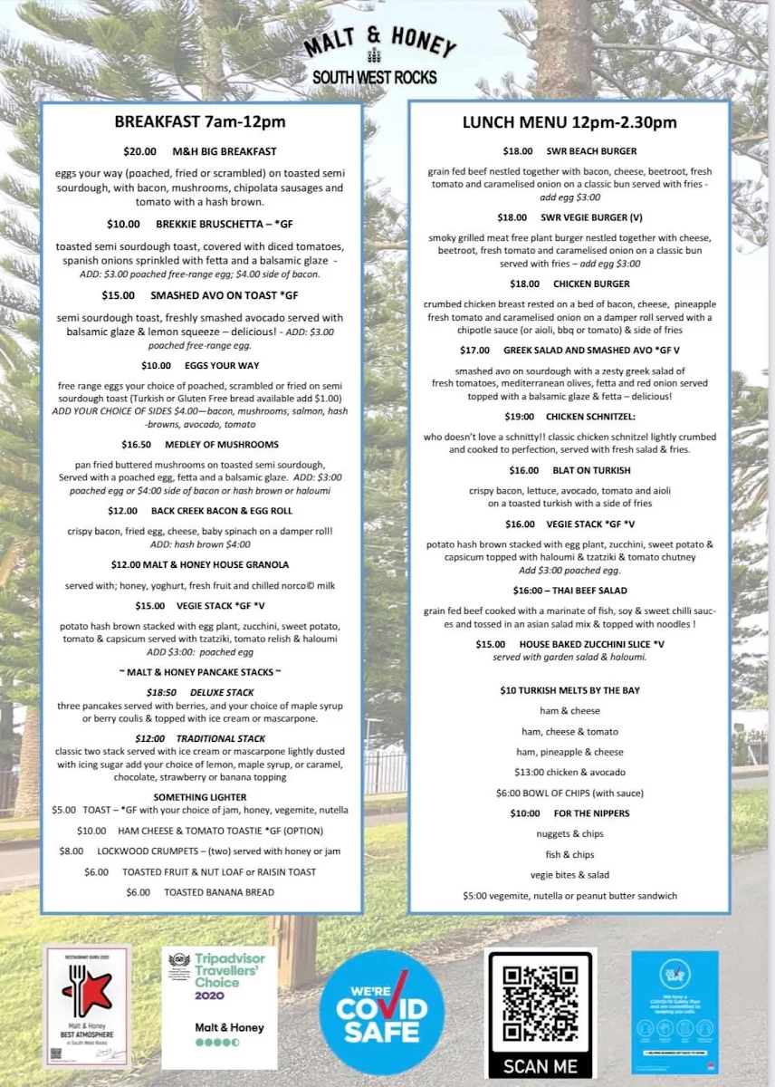 Menu, Malt & Honey Cafe