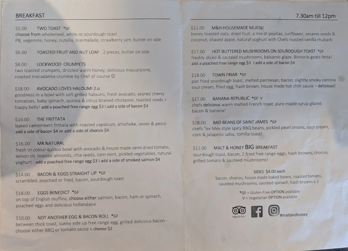 Menu, Malt & Honey Cafe
