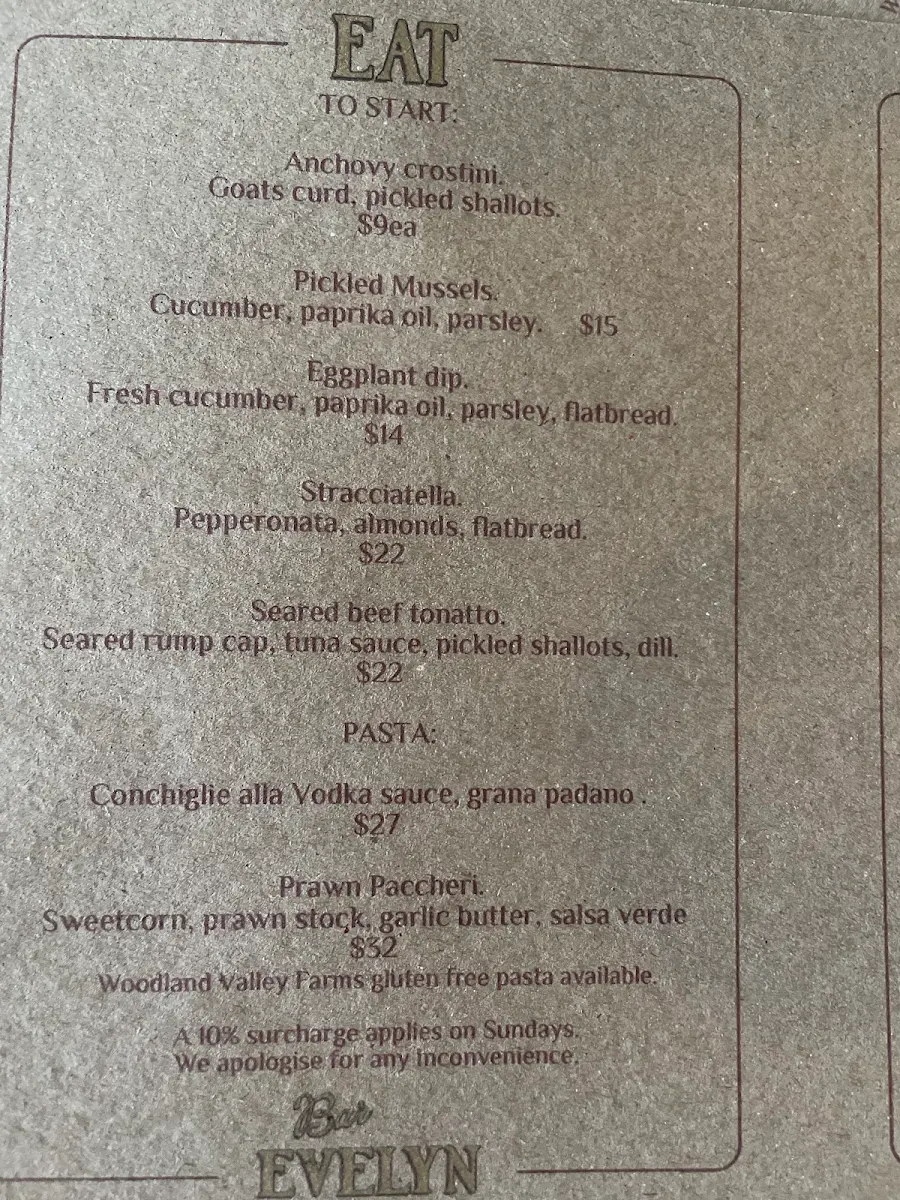 Menu, Bar Evelyn