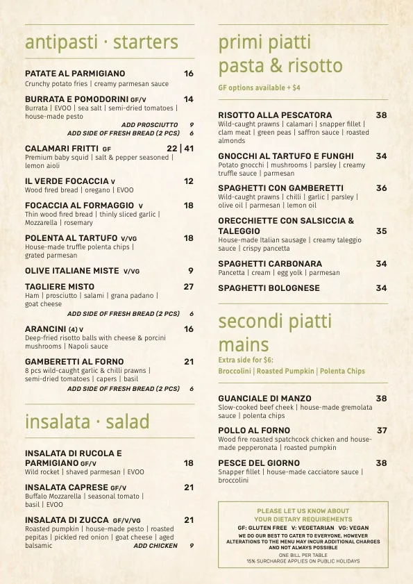 Menu, Il Verde Italian Restaurant & Woodfire Pizza