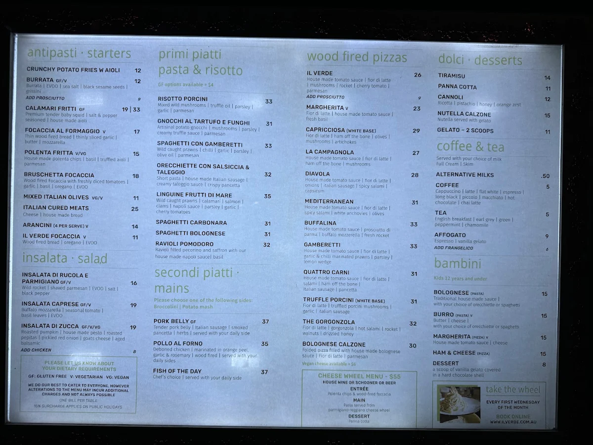 Menu, Il Verde Italian Restaurant & Woodfire Pizza