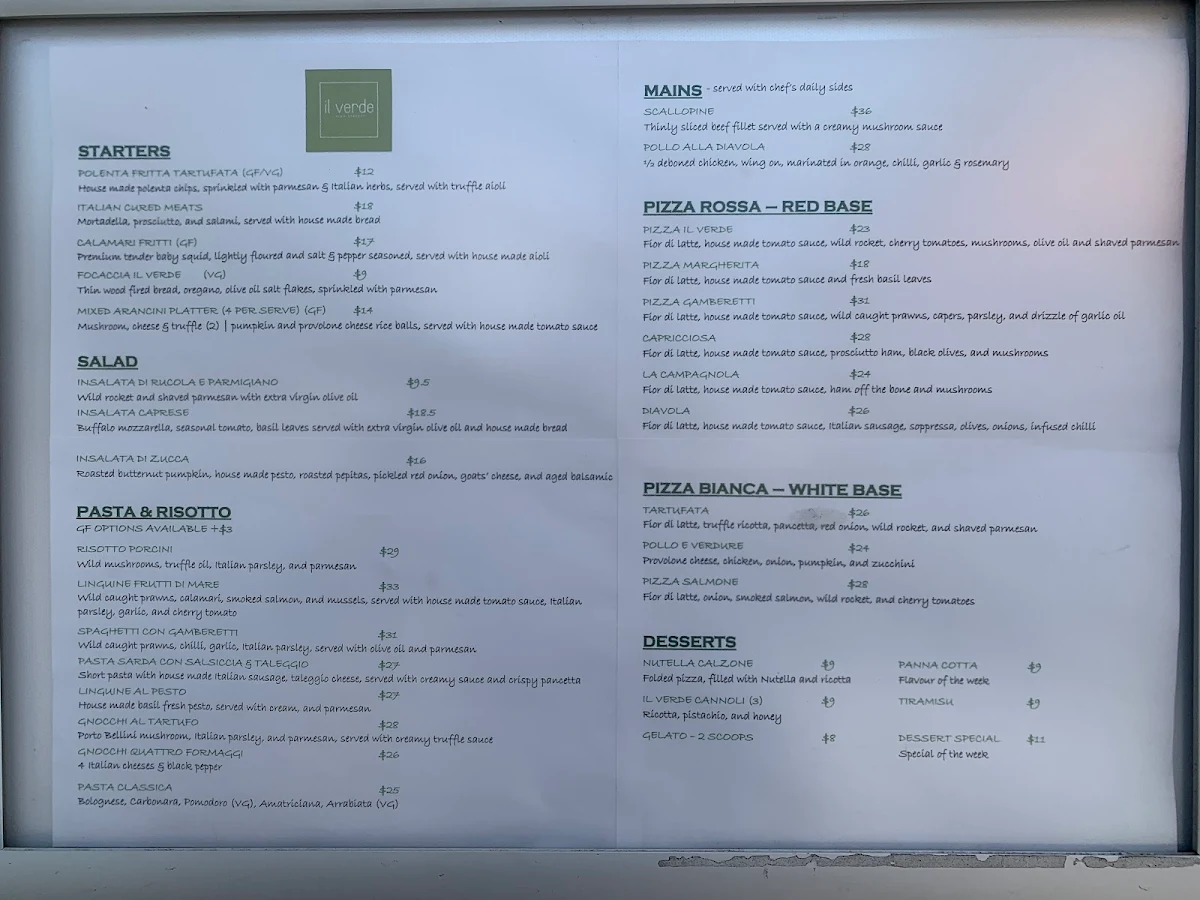 Menu, Il Verde Italian Restaurant & Woodfire Pizza