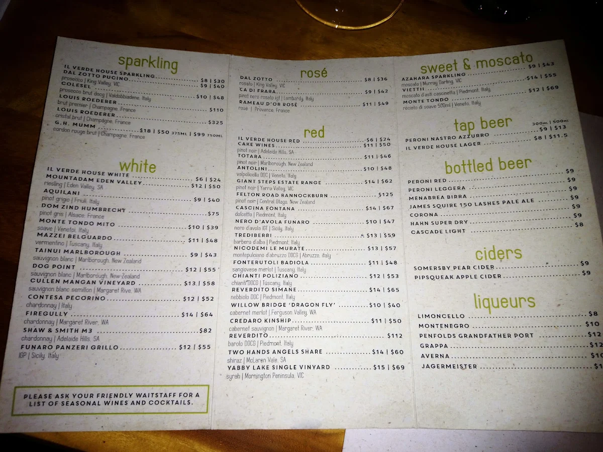 Menu, Il Verde Italian Restaurant & Woodfire Pizza