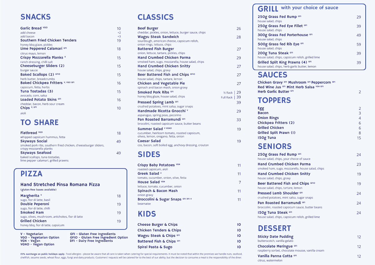 Menu, Skyways Hotel