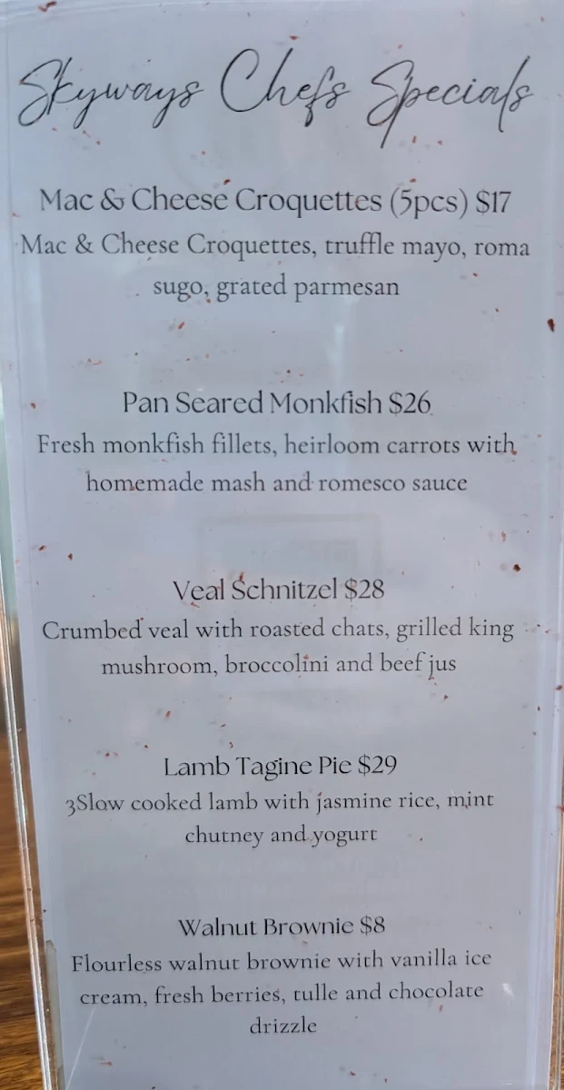Menu, Skyways Hotel