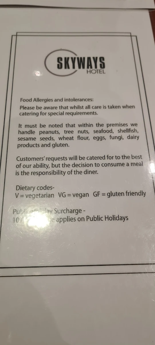 Menu, Skyways Hotel