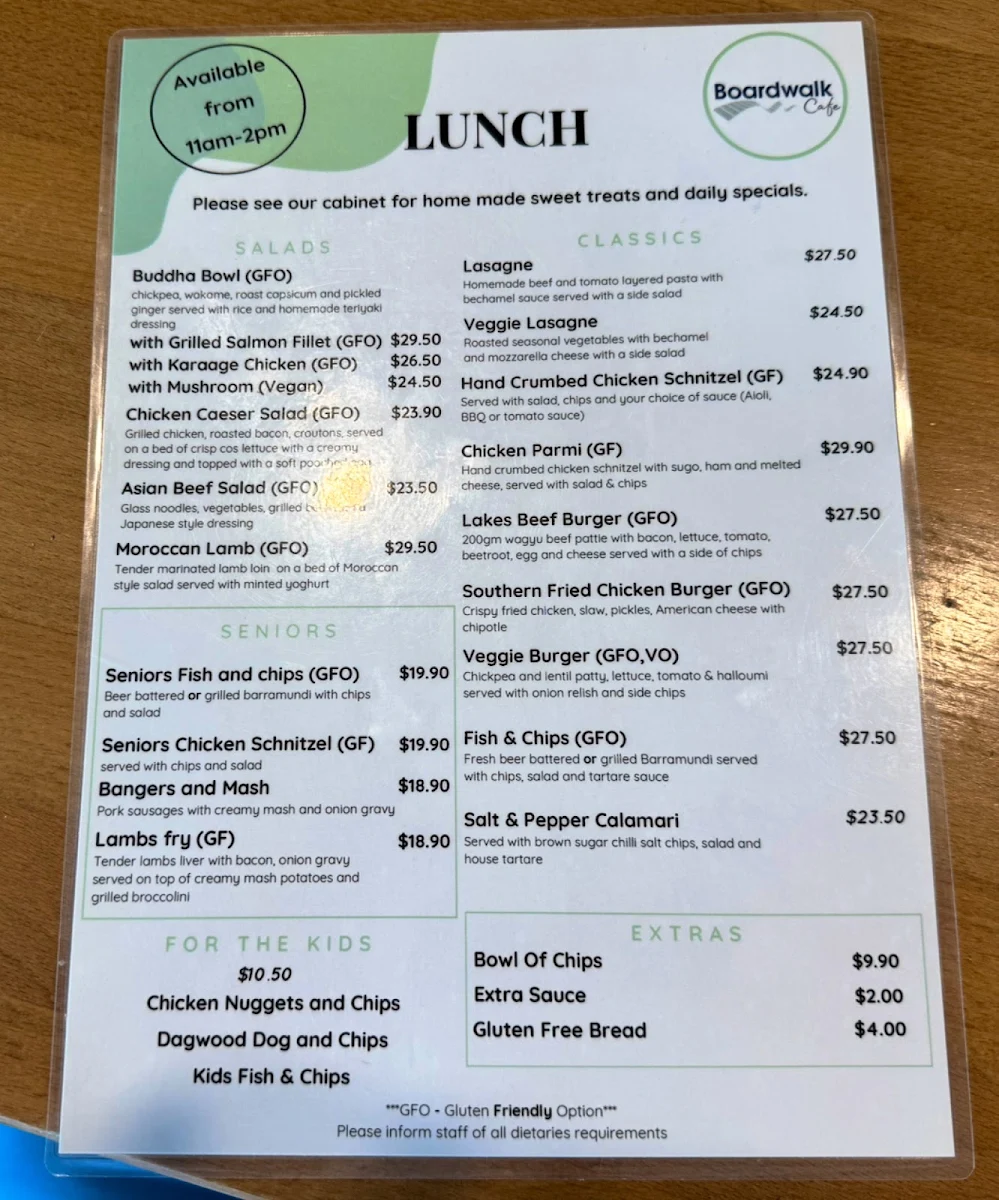 Menu, Boardwalk Cafe