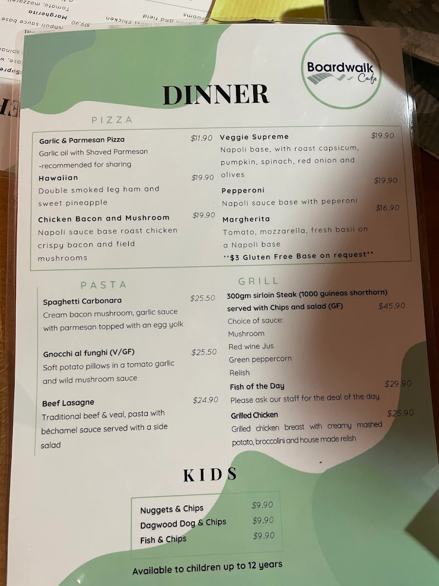 Menu, Boardwalk Cafe