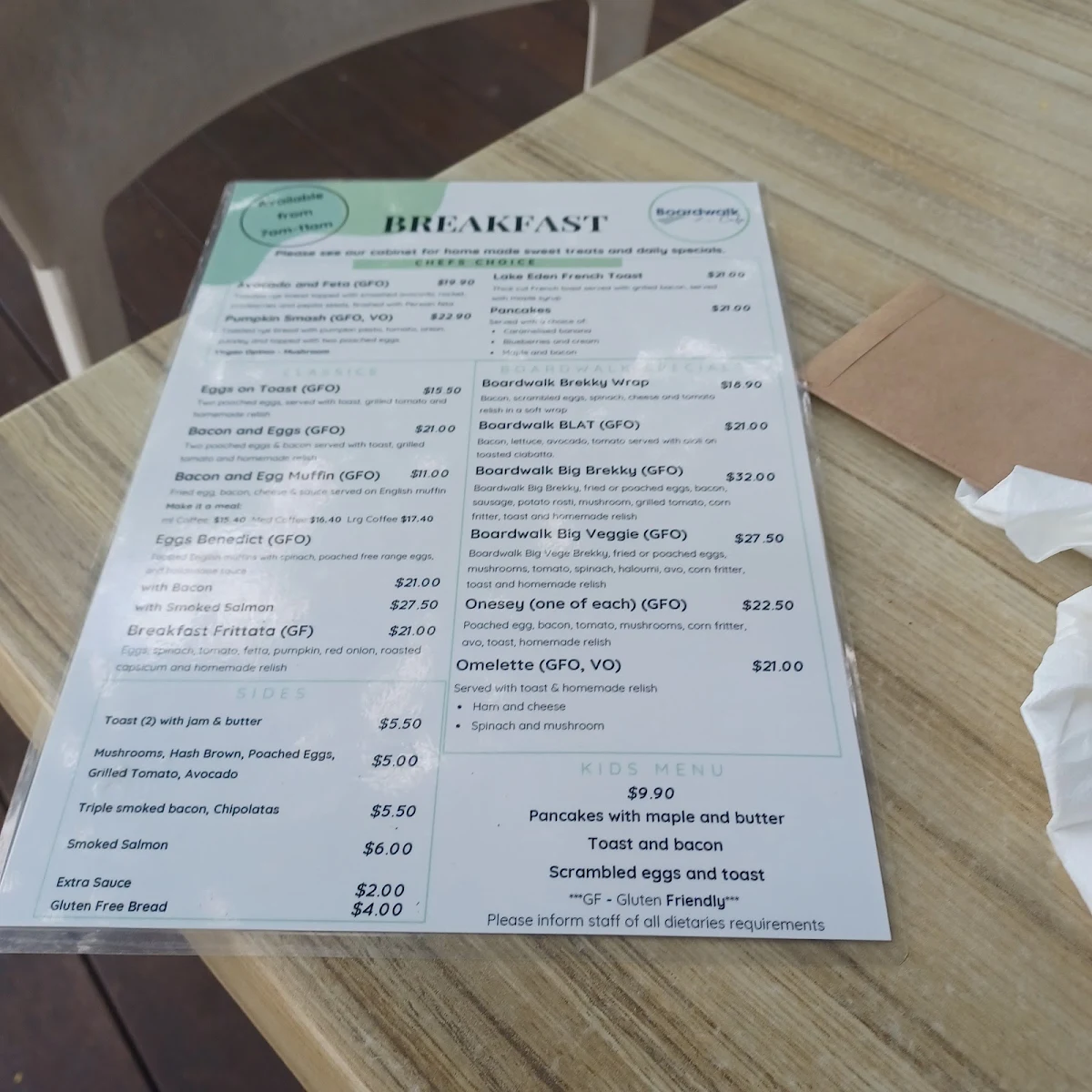 Menu, Boardwalk Cafe