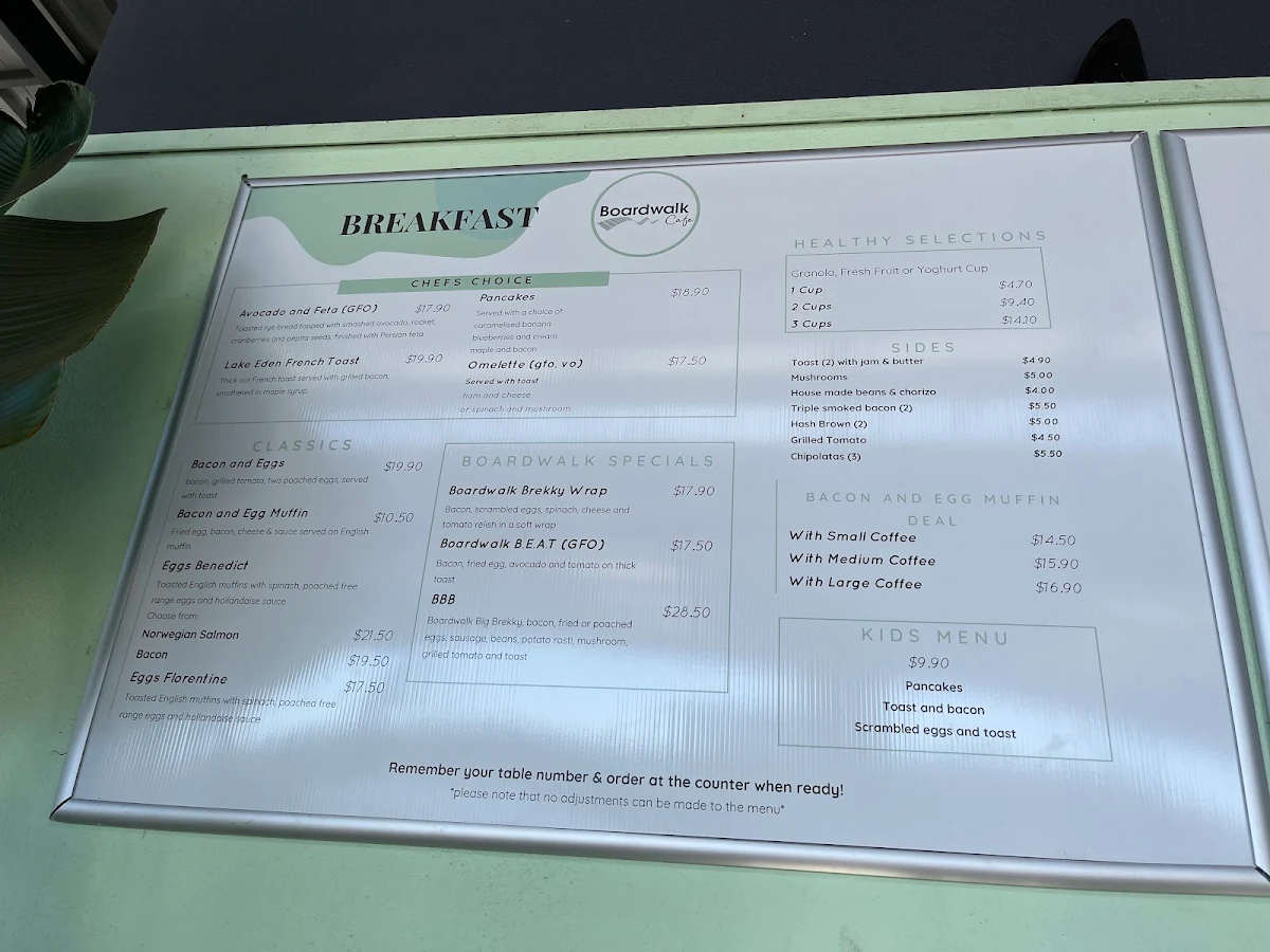 Menu, Boardwalk Cafe
