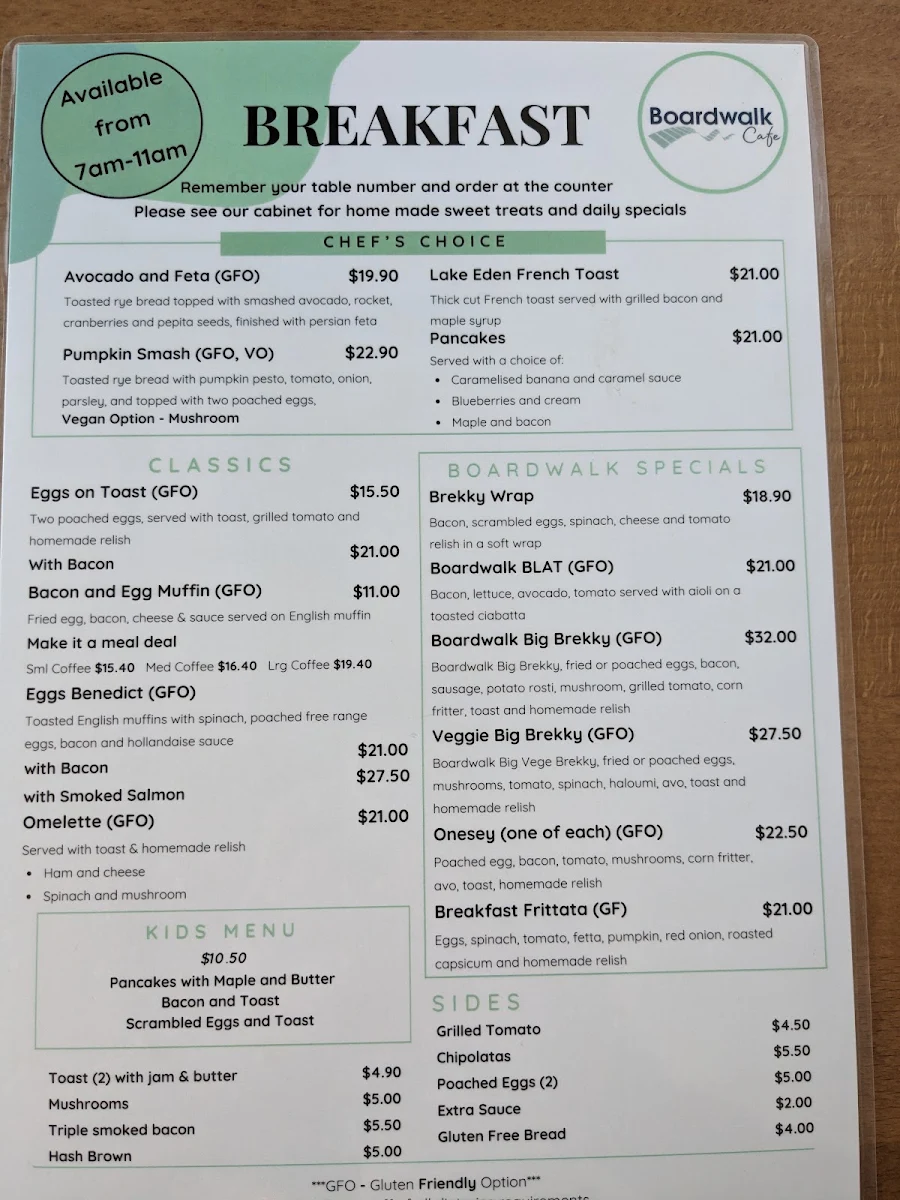Menu, Boardwalk Cafe