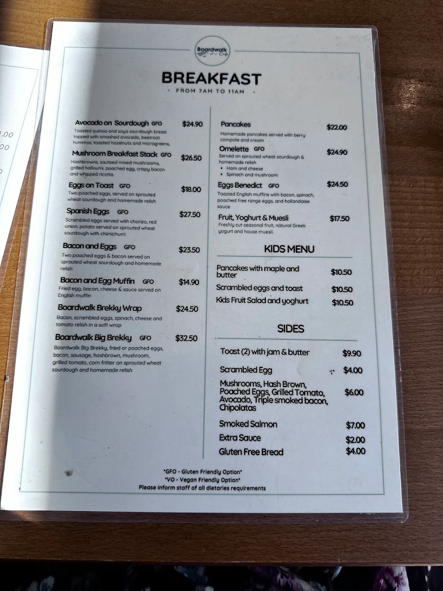 Menu, Boardwalk Cafe