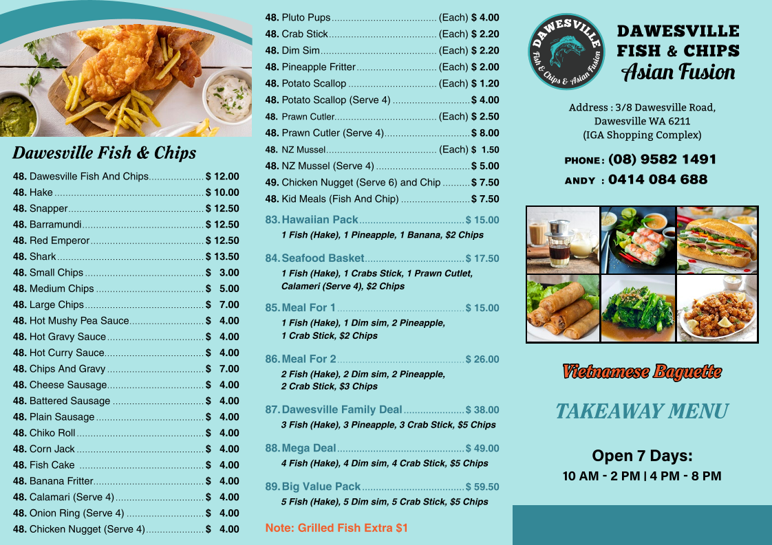 Menu, Dawesville Fish & Chips and Asian Fusion