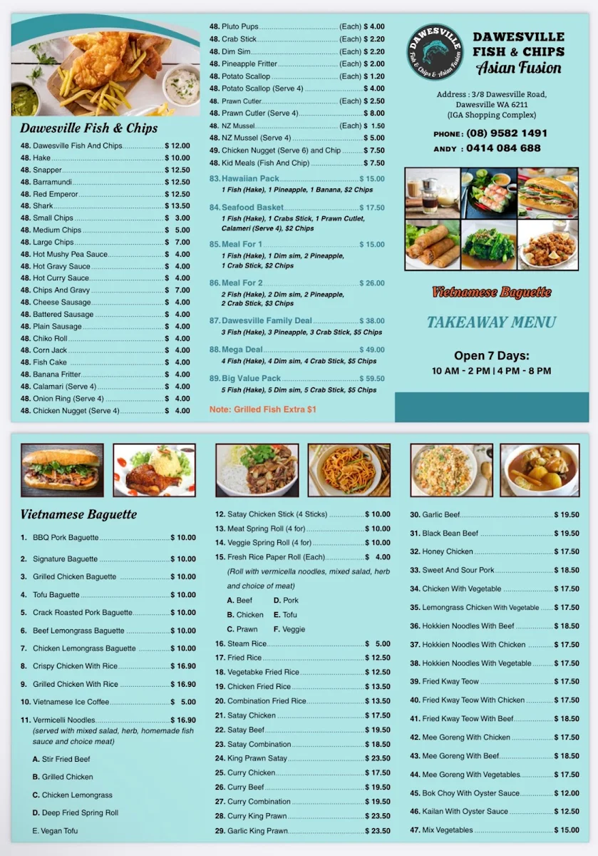 Menu, Dawesville Fish & Chips and Asian Fusion