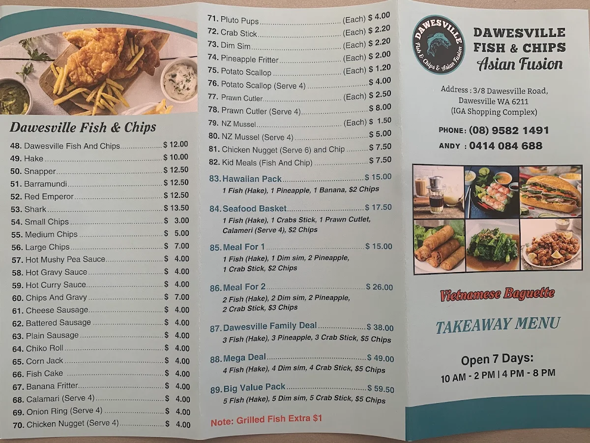 Menu, Dawesville Fish & Chips and Asian Fusion