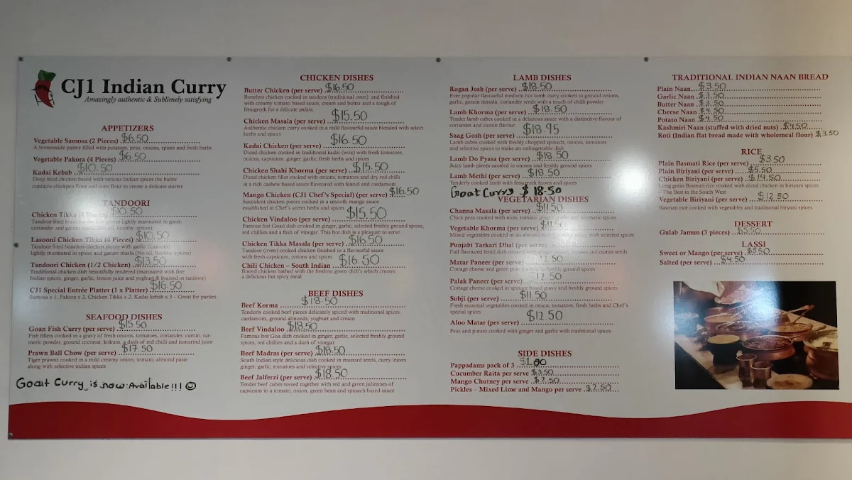 Menu, CJ1 Indian Curry