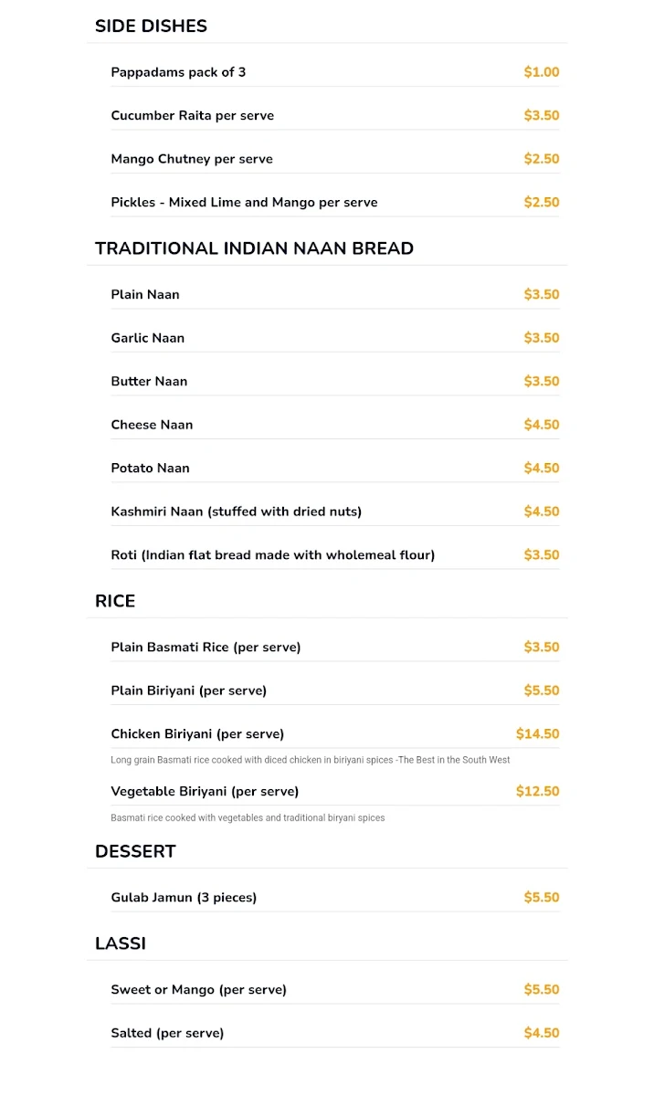 Menu, CJ1 Indian Curry