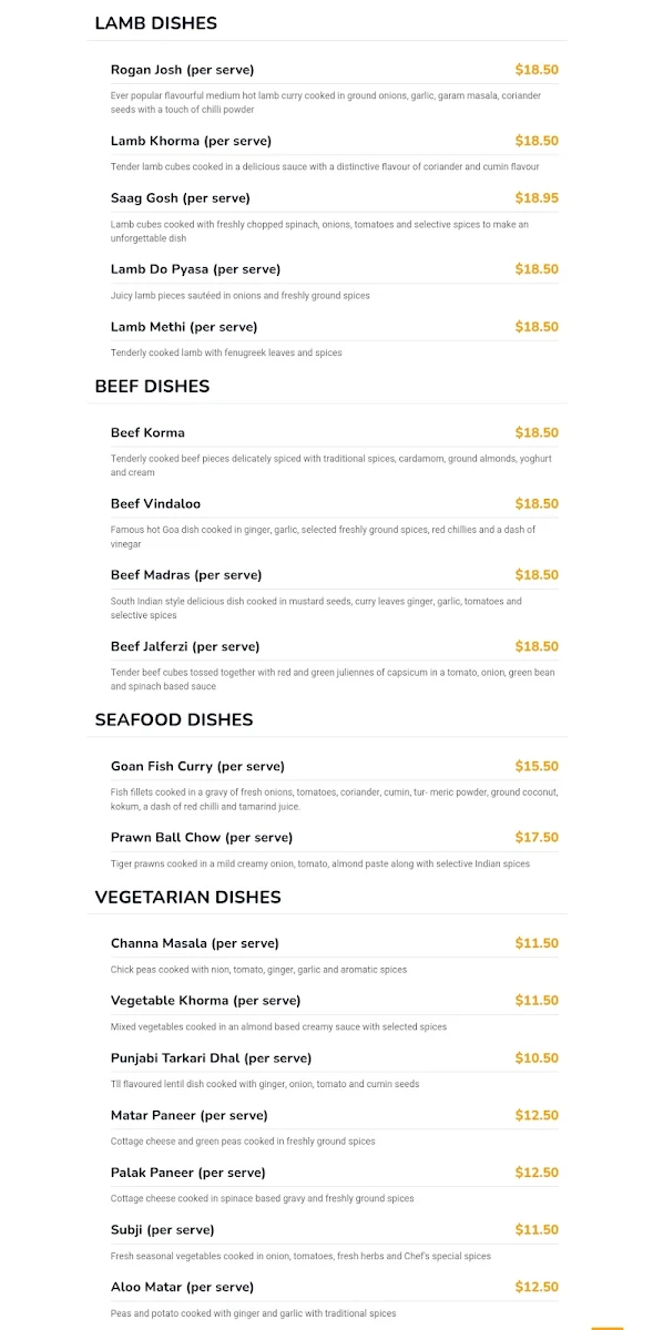 Menu, CJ1 Indian Curry
