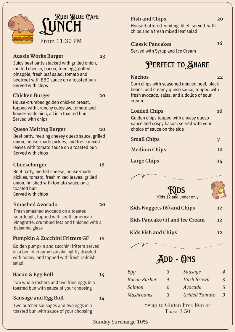 Menu, Rubi Blue Cafe Anna Bay