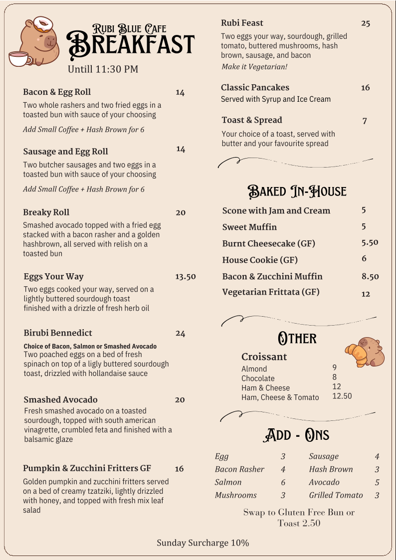 Menu, Rubi Blue Cafe Anna Bay