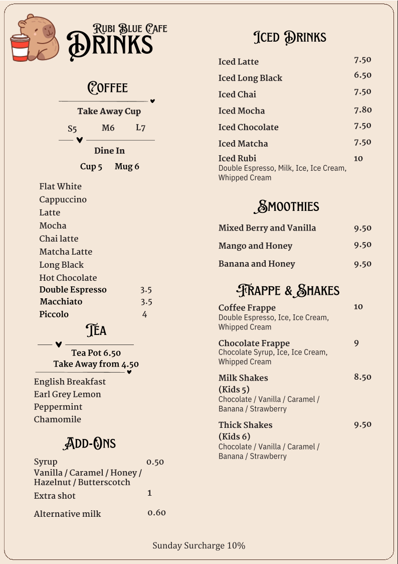 Menu, Rubi Blue Cafe Anna Bay