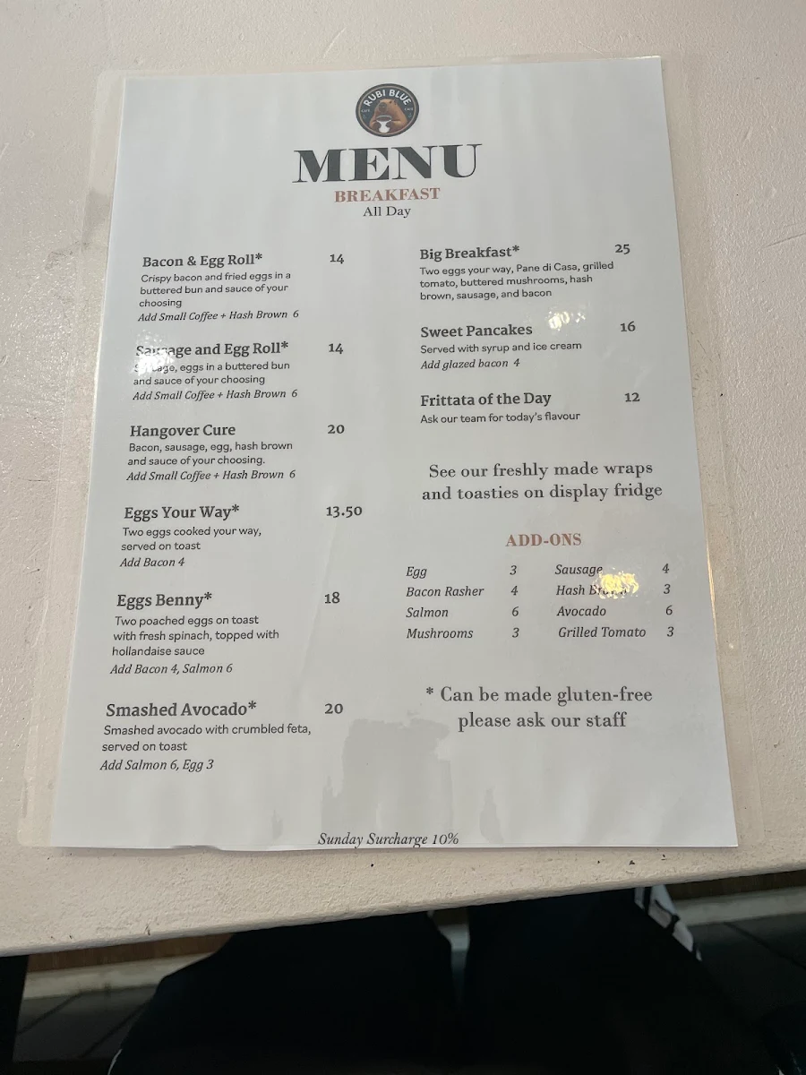 Menu, Rubi Blue Cafe Anna Bay