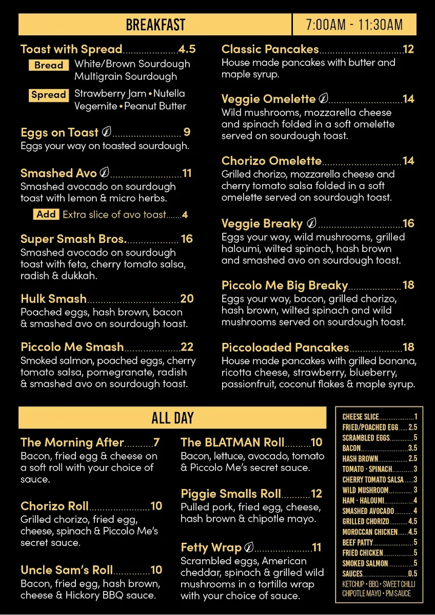 Menu, Piccolo Me 93 George St