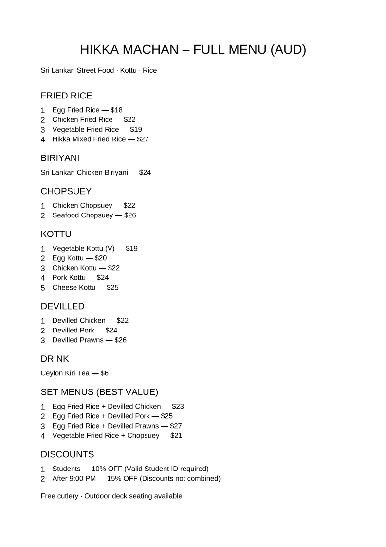 Menu, Hikka Machan Adelaide