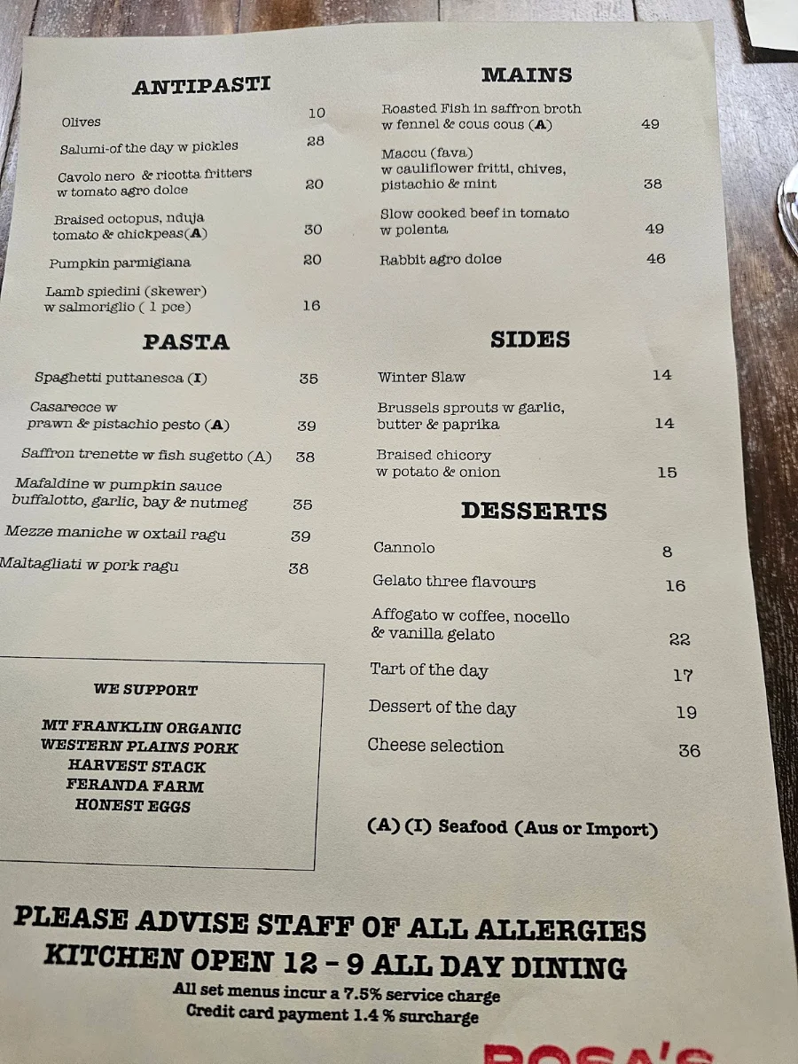 Menu, Rosa's Canteen