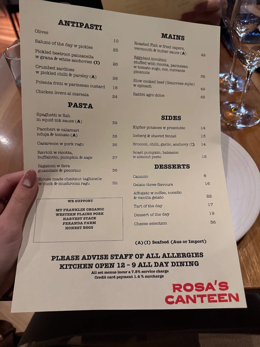 Menu, Rosa's Canteen