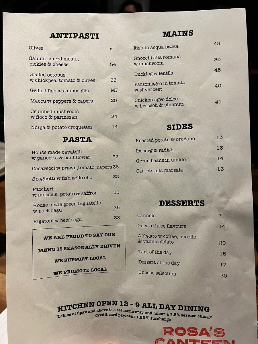 Menu, Rosa's Canteen
