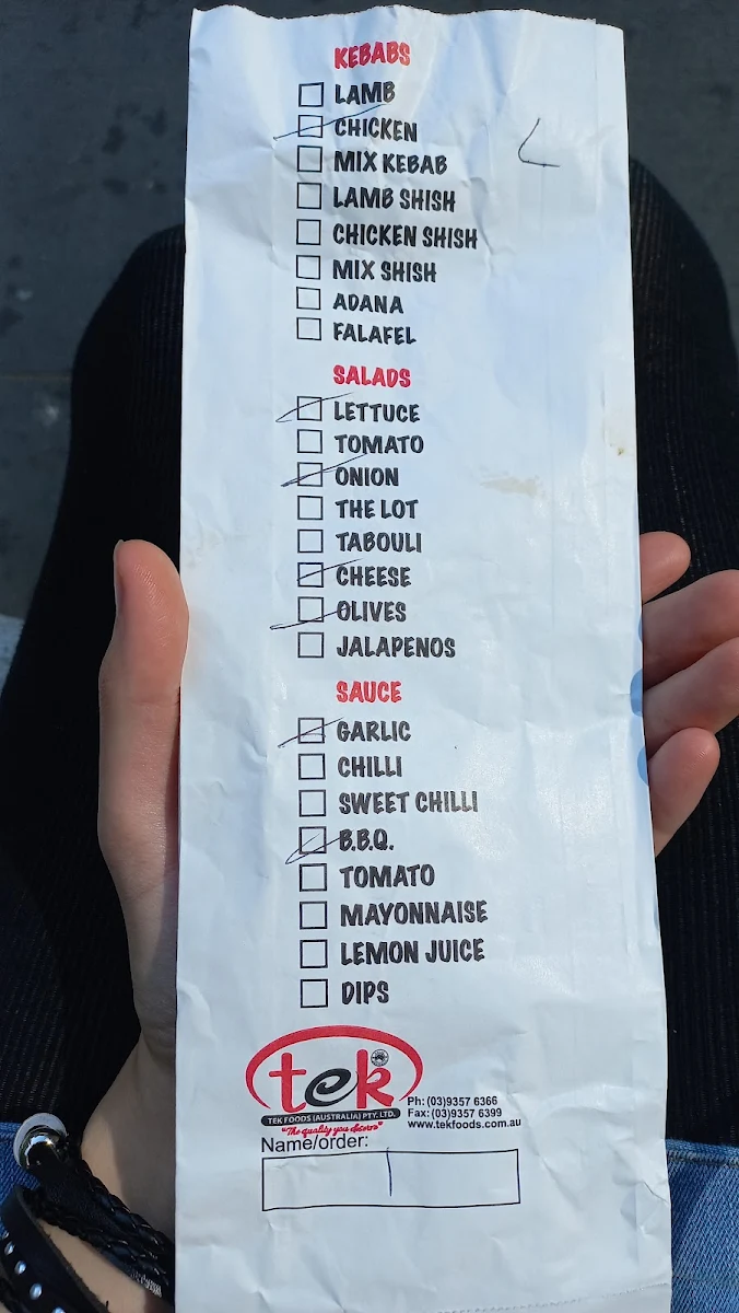 Menu, Garlik Kebabery - Camberwell