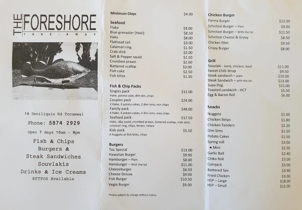 Menu, The Foreshore Takeaway